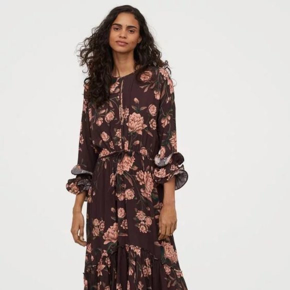 Johanna Ortiz x H&M Creped Ruffled Dress in Dark Brown Wild Roses XS - Picture 1 of 6